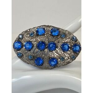 Victorian Revival Sash Pin Oval Filigree Brooch Blue Rhinestone Silver Tone